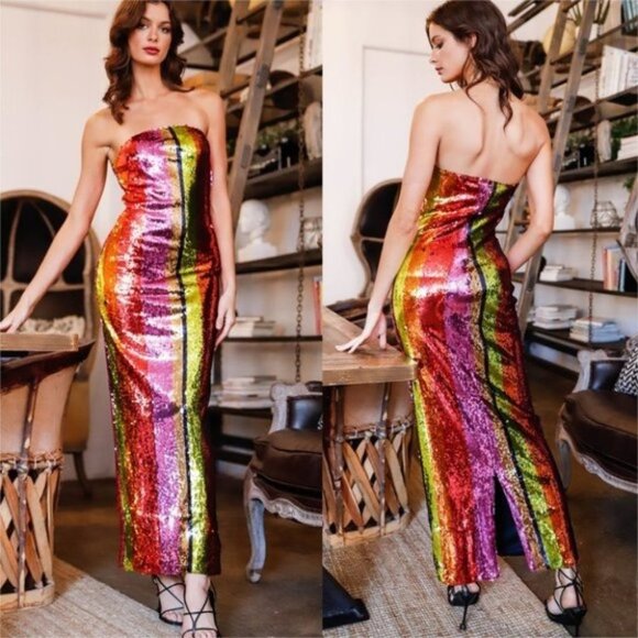 Multi Color Sequin Striped strapless Maxi Dress - Picture 2 of 7